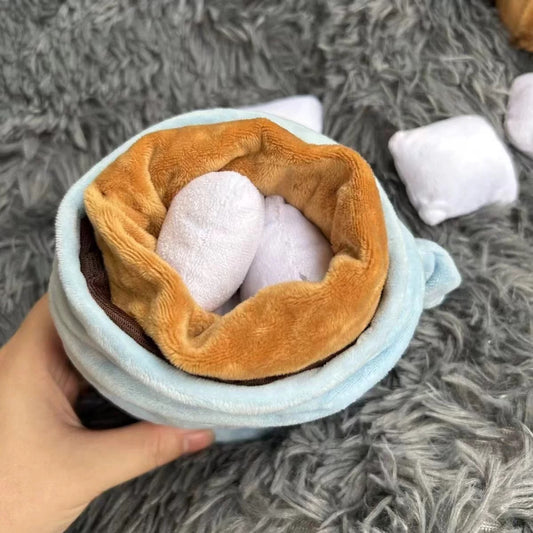 Interactive Hot Cocoa Plush Dog Toy – Treat-Hiding Crinkle Cup with Squeaker | Enrichment Toy for Dogs & Puppies - DD PET