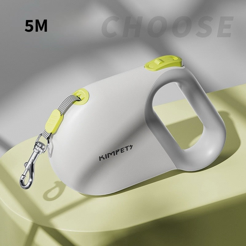 White and green pet leash holder with 'Kimpets' branding on a light background