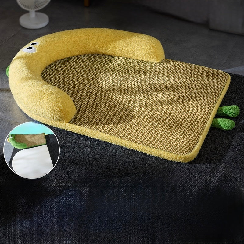 Yellow pet bed with mesh bottom on a dark surface