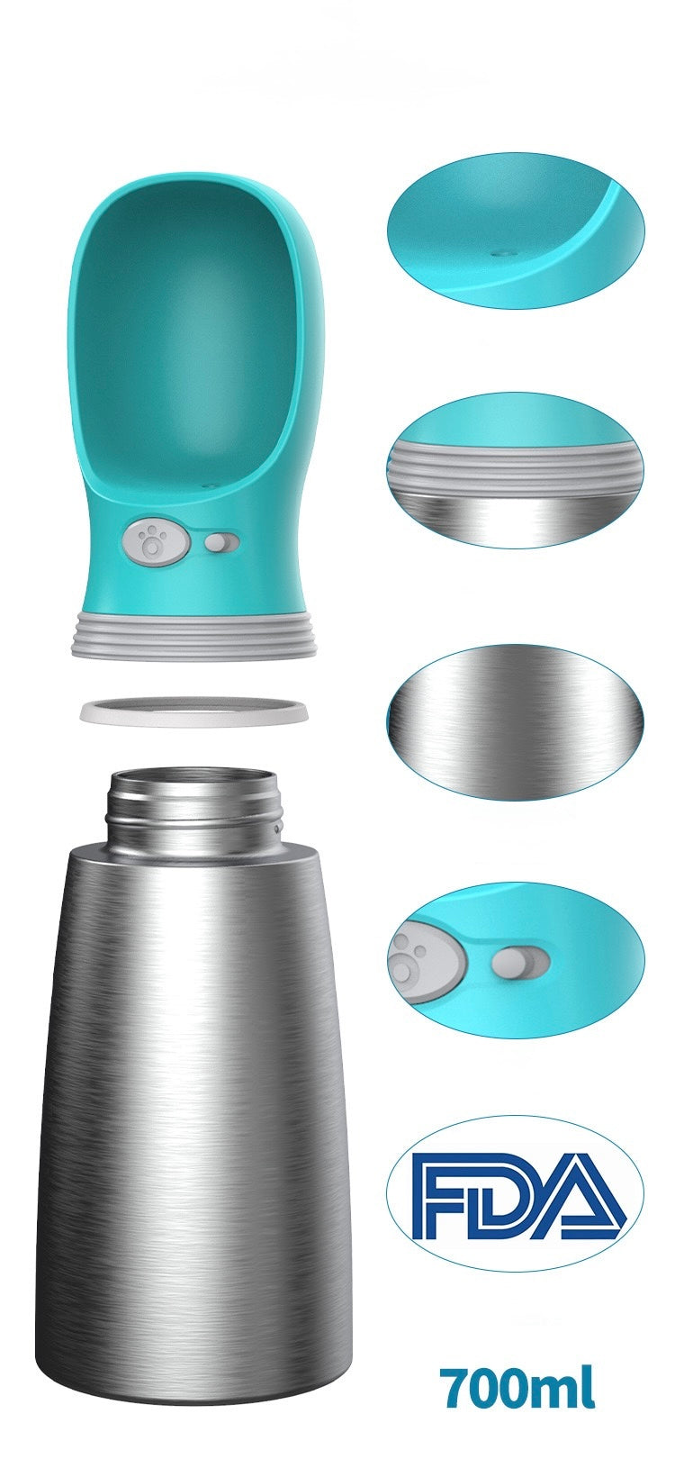 Portable Dog Water Bottle – 700ml Stainless Steel Pet Travel Flask with One-Key Dispense & Lock | Keeps Water Cold for 24H