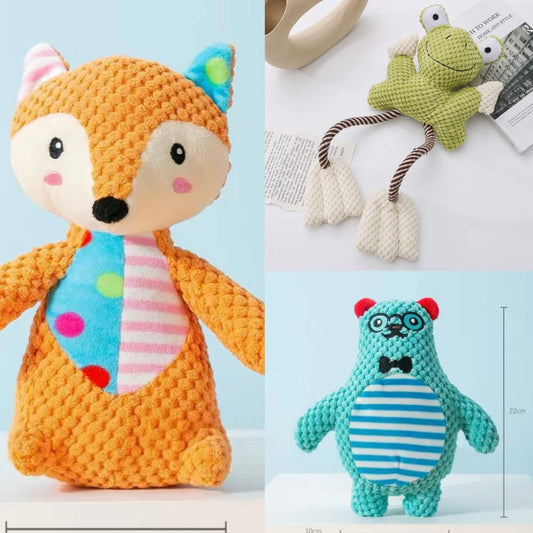 🐶 Plush Squeaky Dog Toys – Fox, Bear & Frog - DD PET