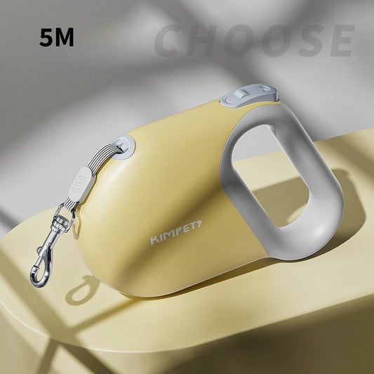 Yellow dog leash with handle and clip on a light background, featuring the brand 'Kimpet'.