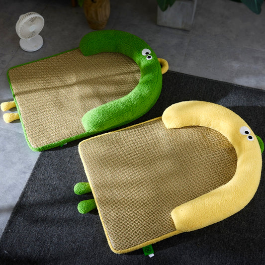 Two green and beige pet beds shaped like lizards on a dark rug.